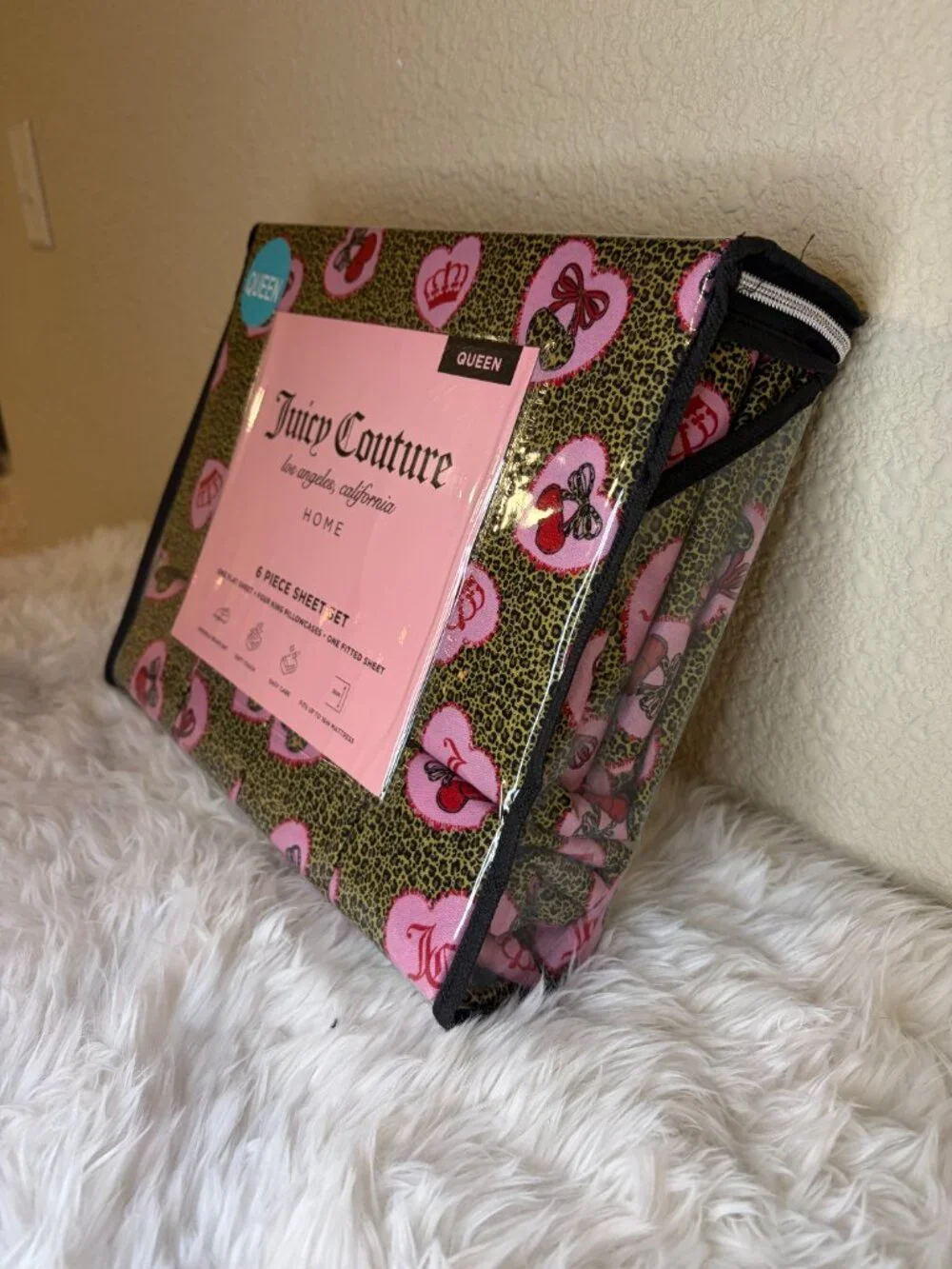 Juicy Couture Queen Hearts Leopard Queen Sheet Set 6 Pc Bedding NWT